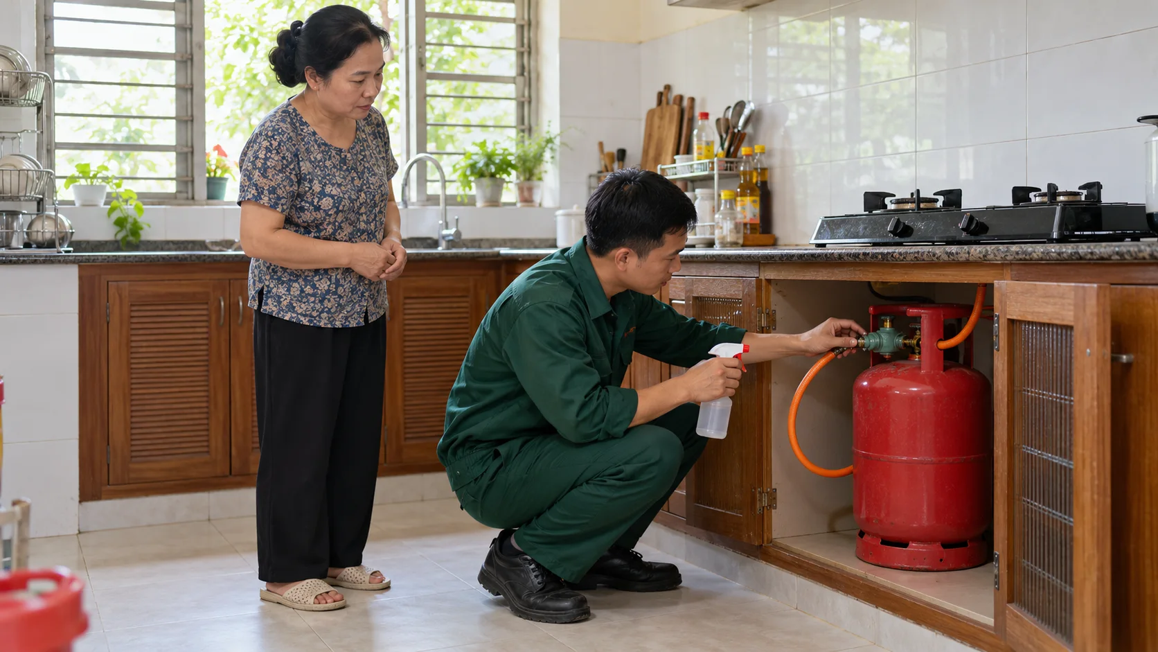 Kiểm tra van và dây dẫn bình gas an toàn trong bếp gia đình